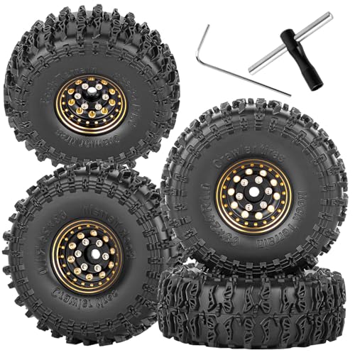 RCYouHott RC Full Brass (4PCS) 1.0 Beadlock Wheels Tires/Wheel Rim for 1/18 Trx4m 1/24 SCX24 FCX24 RC Crawler Car?1.0 Beadlock Wheels and Tires