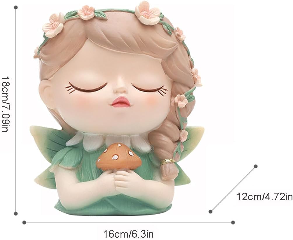 Cute Fairy Girl Succulent Pot with Drainage Hole, Resin Head Planter Pot for Indoor Outdoor Plants, Unique Face Flower Pot, Gift for Women Girl (Green,Large)