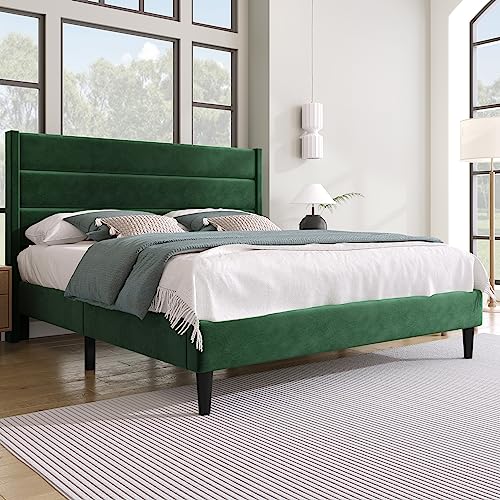Merax Polsterbett 140 x 200 cm, Bettgestell mit Lattenrost & Kopfteil, gepolstertes Doppelbett, Textilbezug Leinen in Vintage-Grün, Zeitloses...