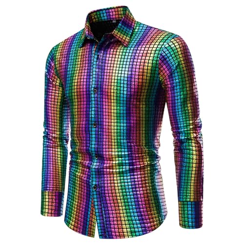Generisch Camisa de purpurina para hombre, manga larga, metálica, con purpurina, disfraz de Nochevieja, disfraz de carnaval, lentejuelas, camisa de los años 70, Kostoum discoteca, camisón de