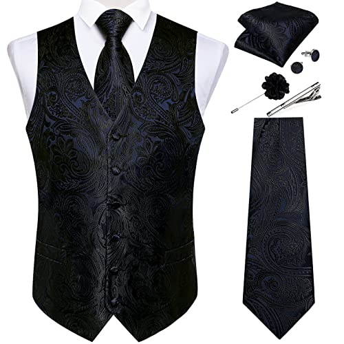 Image of DiBanGu Mens Vest and Tie Set Formal Paisley Waistcoat and Necktie Pocket Square Cufflinks Silk Suit Vest for Tuxedo Wedding