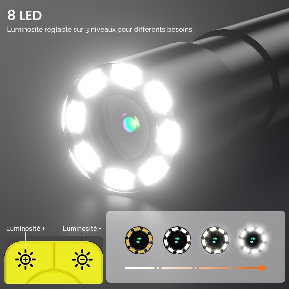 Endoscope HD 1080P avec 8 LEDs, Caméra d'Inspection 4,3" IP67 étanche, Câble Semi-Rigide 5m - Idéal pour Mécanique Auto/Plomberie