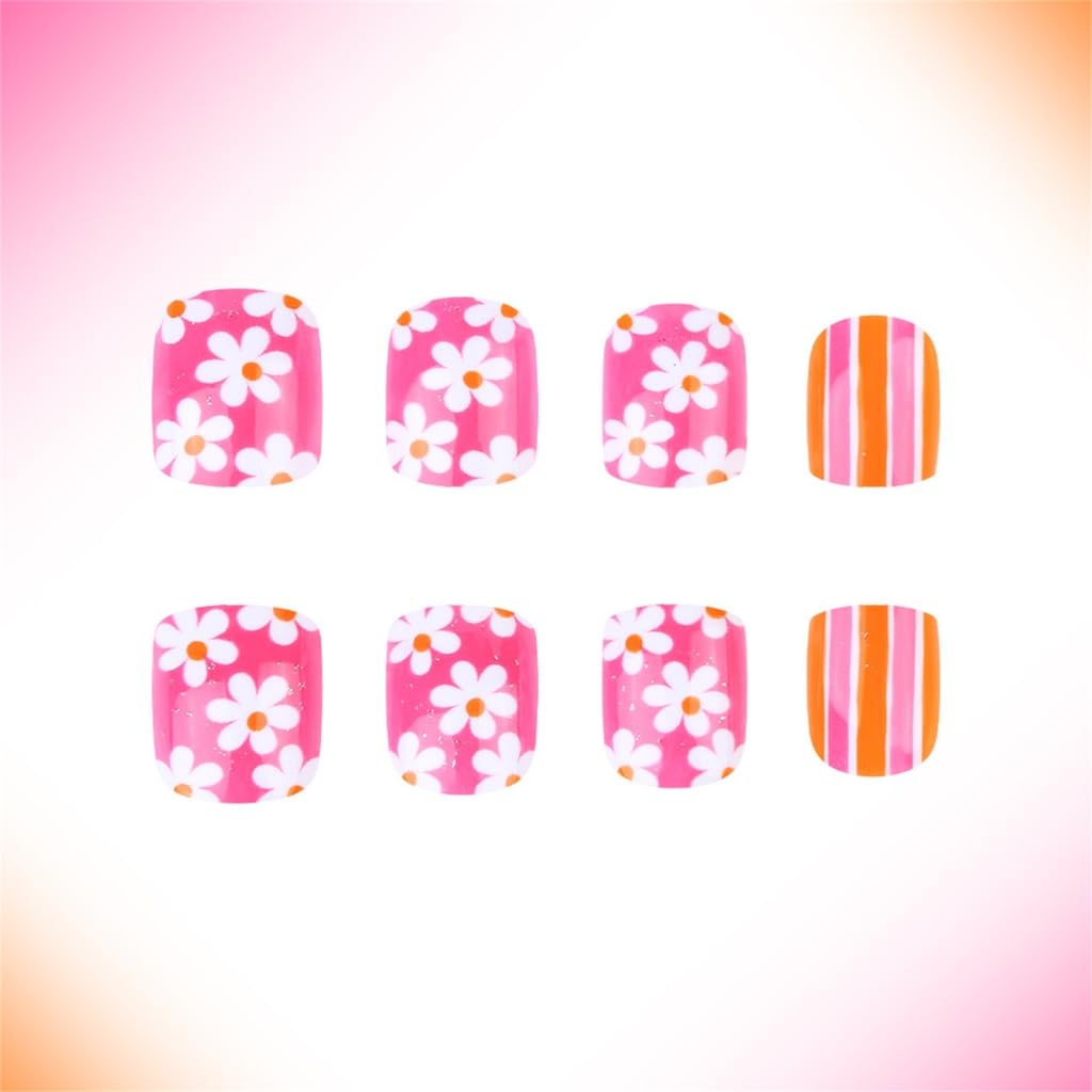 24 Pieces Acrylic Short Square Shape Artificial Nails With Flower Pattern For A Luxurious Manicure Look