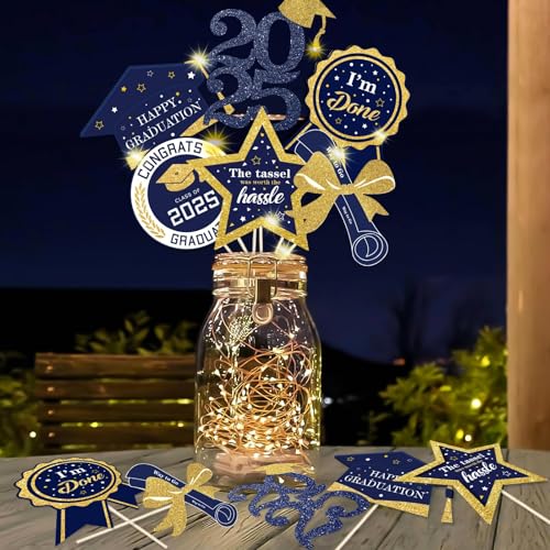 Graduation Party Centerpieces Decorations for Tables Class of 2025-30pcs Glitter Navy Blue and Gold Graduation Table Centerpieces Sticks with LED String Lights for Graduation Party Decor Supplies