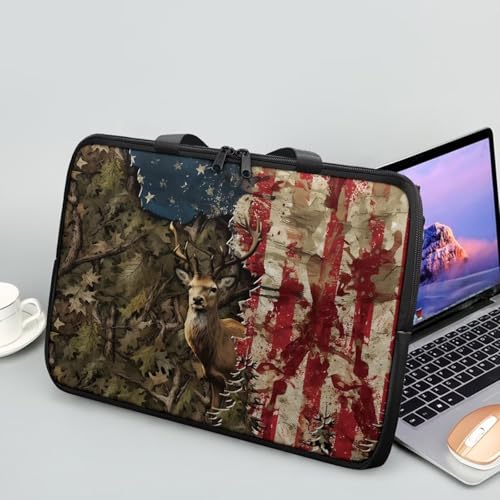 Laptop Bag for Women Men Casual Carrying Bag Durable and Waterproof Briefcase Computer Case with Zipper and Handle Business Office Work Bag, Forest Camo American Flag Deer Print, 17 inch