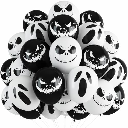 Image of Halloween Balloons Black White Skull Halloween Scary Night Party Decoration | 12in Black White Ghost Skull & Jack O Lantern Balloons for Halloween Skeleton Trick or Treat Horror Haunted House Decorations