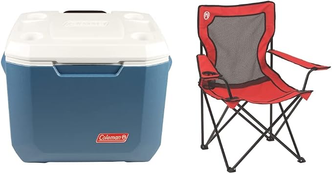 Coleman Portable Rolling Cooler | 50 Quart Xtreme 5 Day Cooler with Wheels | Wheeled Hard Cooler Keeps Ice Up to 5 Days and Coleman Broadband Mesh Quad Camping Chair, Cooling Mesh Back with Cup Holder, Adjustable Arm Heights, Carry Bag; Supports up to 250lbs