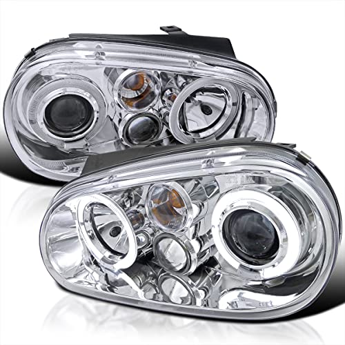 Spec-D Tuning Chrome Dual Halo Projector Headlights Compatible with 1999-2006 Volkswagen Golf, Golf GTI VW MK4 Left + Right Pair Headlamps Assembly