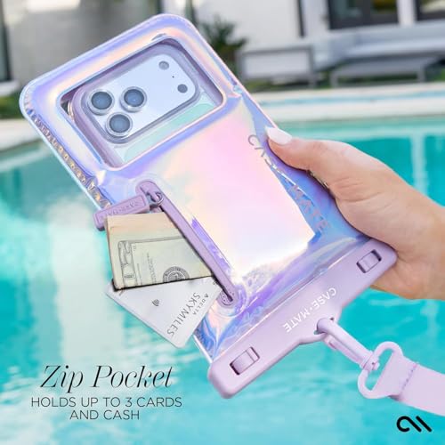 Image of Case-Mate Soap Bubble IP68 Large Waterproof Phone Pouch - Iridescent | Zip Pocket for 3 Cards & Cash - Floating Mobile Cover w /Crossbody Lanyard -Fits All Phones- Travel Accessory for Beach & More