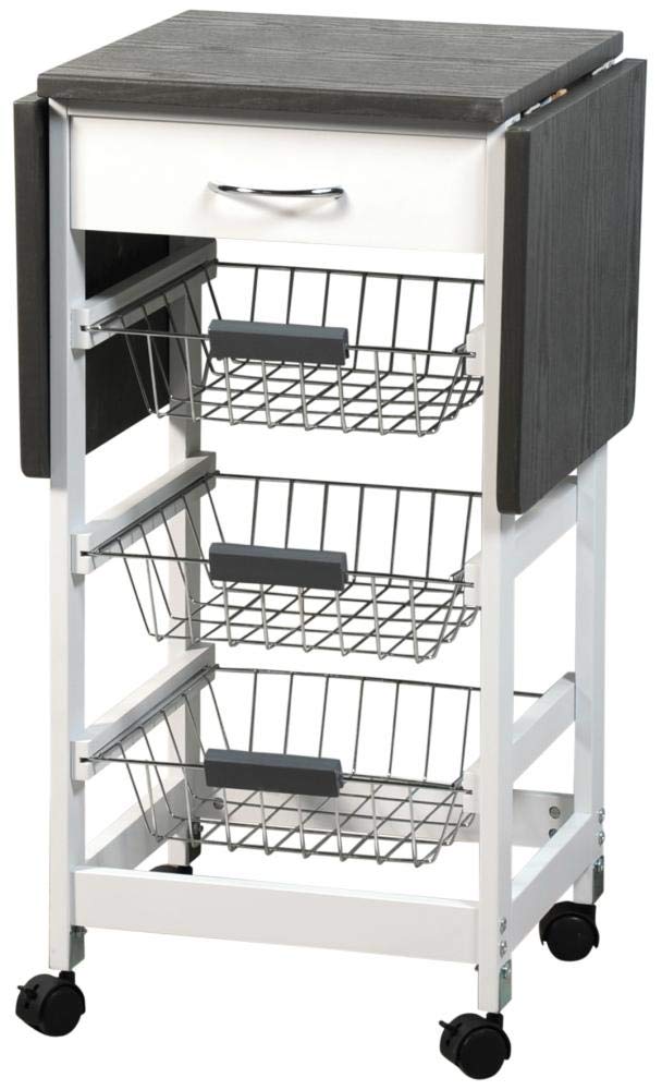 Kesper Carrello da cucina mobile con piano di lavoro pieghevole, 3 ripiani, cassetto, cestini a griglia, aperto circa 100 cm, legno FSC bianco/grigio