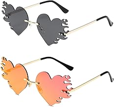 ANCLLO 2 Paires de Lunettes de Soleil en Forme de Coeur et Design Flamme Lunettes de Soleil sans Monture Rétro Hippie Lunettes de Soleil pour Femmes et Hommes (2 Couleurs)