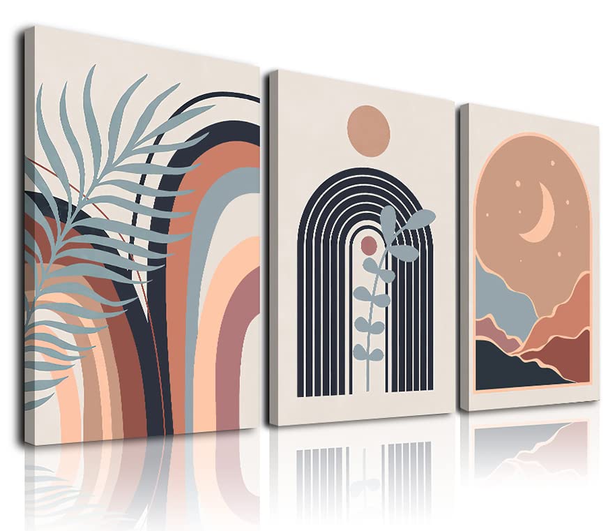 Boho Wall Art Set of 3, Mid-Century Modern Wall Art, Framed Canvas Wall Art Sun Moon Plant Leaf Mountain Rainbow Beige Geometric Abstract Artwork Prints Modern Boho Wall Decor Ready To Hang for Living
