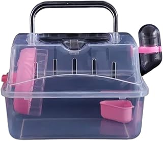 Caja de viaje compacta para hámster de plástico para mascotas pequeñas con asa, cómoda caja de transporte para mascotas al aire libre, color rosa