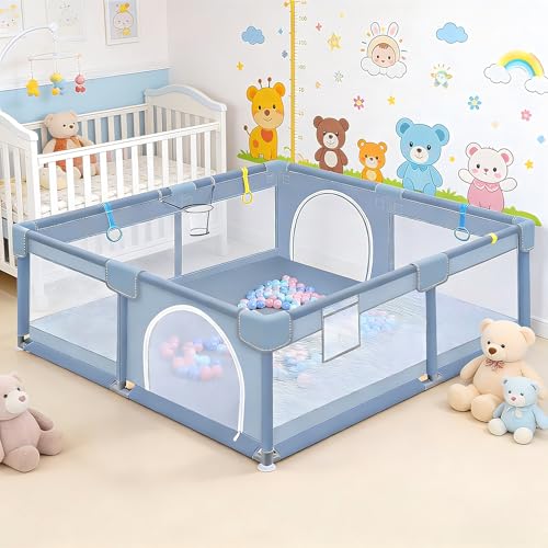 Huracan Parque infantil de 130 x 130 x 66 cm, con alfombrilla, parque infantil de tela Oxford 210D, malla transpirable y ventosas antideslizantes, para interior y exterior, gris