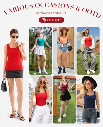 V FOR CITY Women Square Neck Tank Tops with Built in Bras Scallop Trim Fitted Camisole Ribbed Summer Top4