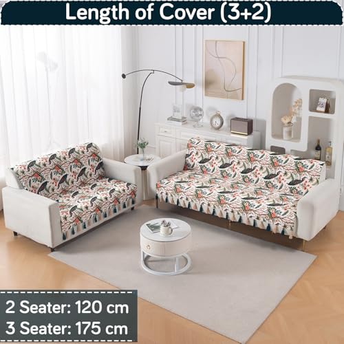 Image of HOKIPO Premium Holland Velvet Sofa Cover with Tassel 5 Seater (3+2) | Full Protection for Sofa Seat and Back | 'Whispers of Nature' | Multicolor Tropical Peacock (IN-1127+1126-D1)
