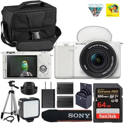 Sony ZV-E10 Mirrorless Camera (Black) with Sony E PZ 16-50mm f/3.5-5.6 & E 55-210mm f/4.5-6.3 OSS Lens | 24.2MP APS-C Sensor, 4K Video & Flip Screen + Spare Extra Battery + 64GB Card + Camera Case