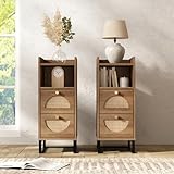 WINWY Narrow Nightstand for Small Spaces - 9.3' Slim Side Table with Rattan-Weave Drawers, Skinny Bedside Table with Open Shelf, Rustic Tall Thin Gap Filler for Bedroom, Caramel Oak, Set of 2