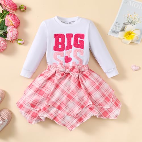 Image of GRNSHTS Baby Girl's Two Piece Outfit Long Sleeve Crew Neck Big Sis T Shirt with Plaid Denim Print A Line Mini Floral Skirt 1-5 Years