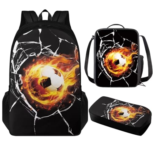Soccer backpack for Boys Elementary Middle School 8-12 Years Old Cool Teen Bookbag Set with Lunch Box and Pencil Bag Kids Travel Book Bag Back to School Supplies