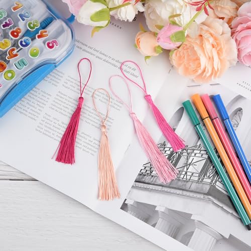 Image of 100 Pcs Bookmark Tassels Bulk Pink Series Soft Craft Silky Handmade Mini Tassels for Jewelry Making with Loops for DIY Craft Accessory Dress Decoration