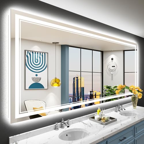 Image of 84x40 LED Bathroom Mirror with Lights, Backlit and Front Lit Anti-Fog Lighted Vanity Mirrors for Bathroom Wall, Dimmable, 3-Color Light, Memory, Shatter-Proof, HD Tempered Glass, CRI＞90
