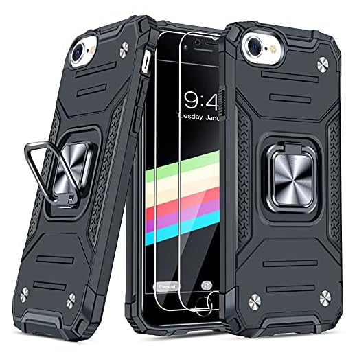 JAME Case for iPhone SE 2022 Case /2020 with Screen Protector 2Pcs, for iPhone 8 Case, for iPhone 7/6 Case, Military-Grade Protection, Protective Phone Cases, Ring Kickstand Shockproof Case 4.7”Black