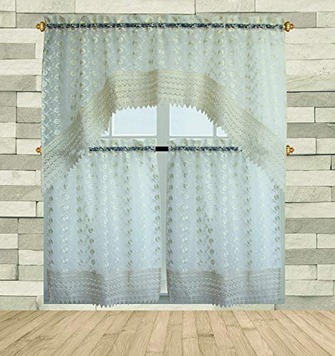B&H Home Michel Floral Embroidered 3-Piece Kitchen Curtain Window Treatment Set (Michell Cream)