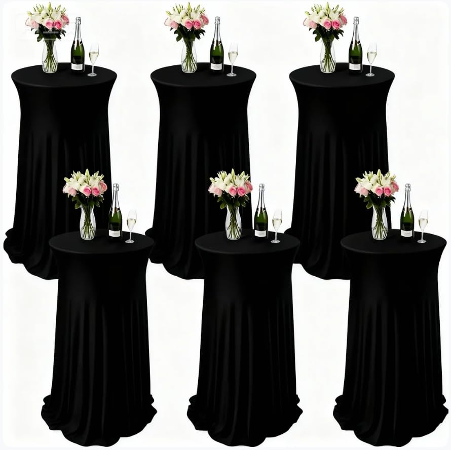 6 pcs black spandex stretch round cocktail table skirt, 32x43 inch high top table covers, fitted table cloths for wedding, bar, banquet, party decor & event supplies