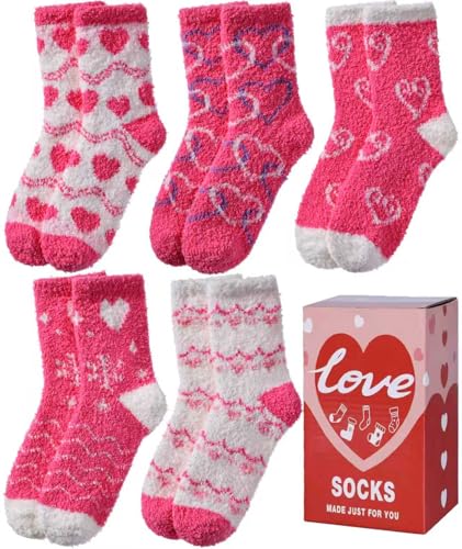 LINEMIN Womens Fuzzy Socks Cozy Fluffy Winter Slipper Warm Thick Fleece Soft Home Sleeping Socks (Pink Heart-shaped)