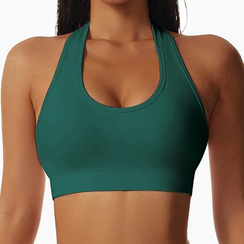 BFACCIA Sports Bra for Women Seamless Padded Activewear Bras Halter Neck Bralette Mid Impact Support Sleep Bra without Underwire Camisole Bras for Fitness Gym Yoga Running Green