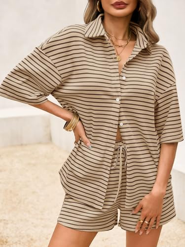 Tankaneo Womens Striped 2 Piece Sets Short Sleeve Button Down Shirt and Shorts Waffle Knit Pajama Lounge Set Summer Outfits4