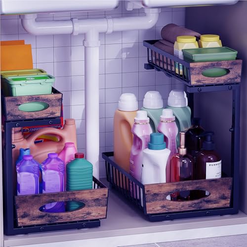 Fkprorjv Under Sink Organizers and Storage, 2 Pack Kitchen Bathroom Sink Organizer with Hooks, 2 Tier Under Sink Cabinet Basket Storage Shelf with Sliding Drawers, Black