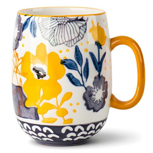 Large 24oz Hand-Painted Floral Ceramic Coffee Mug for Coffee, Tea, or Cocoa, Big Artisanal Pottery Mug for Fewer Refills, Microwave & Dishwasher Safe, Thoughtful Gift for Women and Coffee Lovers