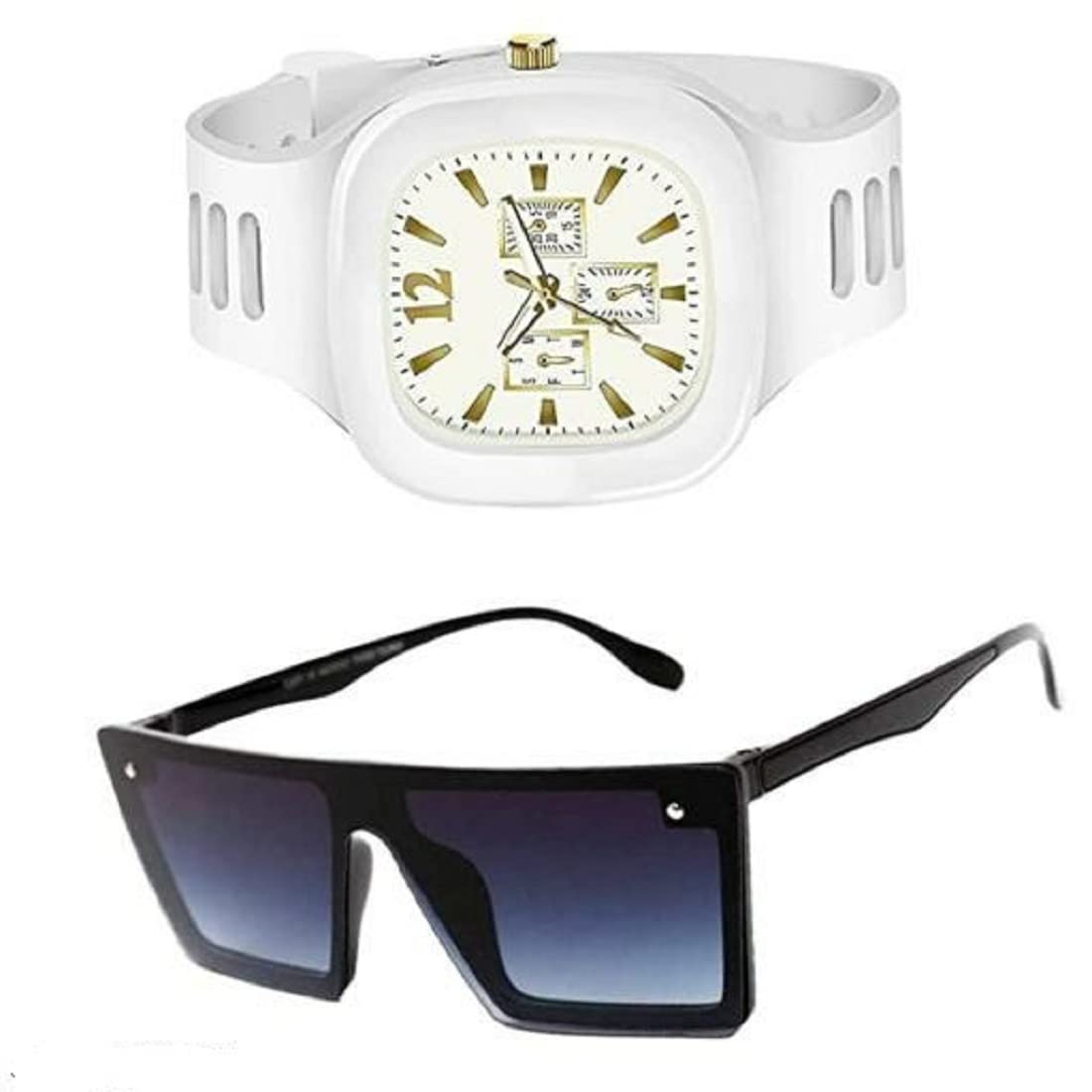 U V Protected Black Square Sunglasses With White Analog Watch (B0B779F6F5) Amazon Price History, Amazon Price Tracker