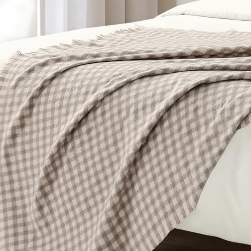 Image of CREVENT Farmhouse Boho Knitted Throw Blanket for Couch Sofa Chair Bed Home Decoration, Soft Warm Cozy Light Weight for Spring Summer Fall (50''X60'' Plaid Tan)