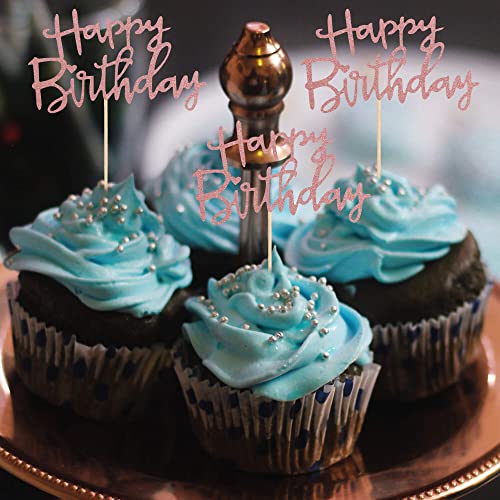 24Pcs Happy Birthday Cupcake Toppers Rose Gold Glitter Cupcake Picks Birthday Cake Decorations Baby Shower Anniversary Party Supplies #TOP4