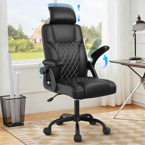 Image of YONISEE Office Chair, Ergonomic Desk Chair with Padded Flip-up Armrests Adjustable Headrest High Back Swivel Chair Computer Chair For Home Office Study Working(Black)