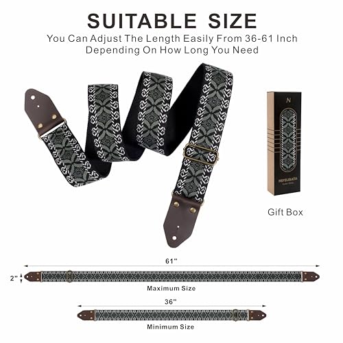 Image of Nefelibata Guitar Strap,Jacquard Embroidery Cotton Guitar Straps with Crazy Horse Leather Ends for Bass, Electric & Acoustic, Best Gifts for Guitarists(Army Green Floral Embroidery)