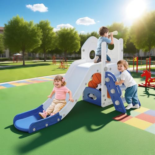 UISEBRT Kinderrutsche mit Kletterleiter, Stauraum, Basketballkorb und Spielteleskop, Kinder Rutsche aus HDPE & PP,Babyrutsche freistehend Indoor & Outdoor, 5-in-1