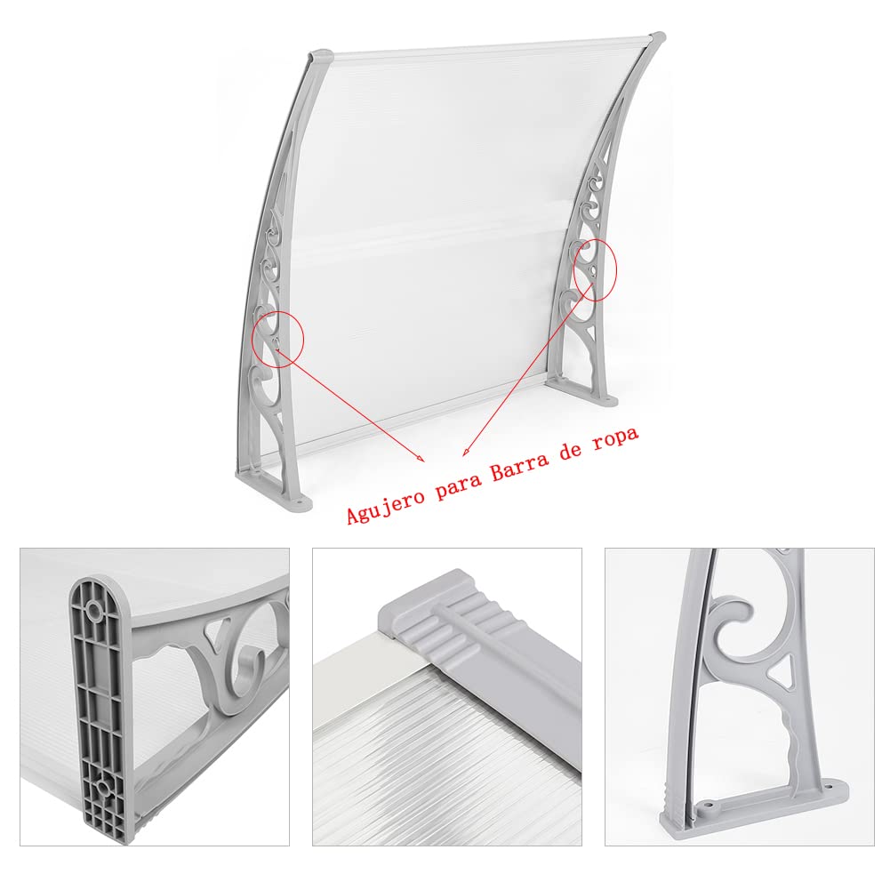Überdachung Haustür aus Aluminium und Polycarbonat, Vordach Haustür, Vordach für Haustür, Türdach, Balkon, Pavillion, Regenfest und UV Schutz (80×120 cm, Grau-weiß)