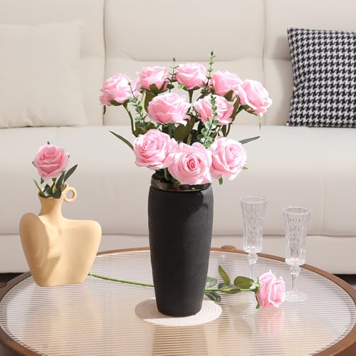 Image of Tifuly 12 PCS Rose Artificial Flower, Single Stem Fake Flowers Bridal Bouquet, Realistic Blossom Flora for Home Garden Party Hotel Office Decorations (Rose Pink)