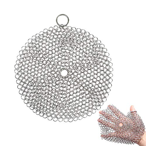 Cast Iron Cleaner 316L Premium Stainless Steel Chainmail Scrubber Pan Scraper Cast Iron Skillet Grill Scraper for Cast Iron Pan Dutch Ovens Waffle Iron Pans Wok Pot Pre-Seasoned Pan (6 inch)