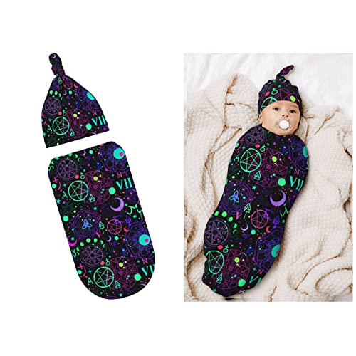 Image of Magical Bright Alchemical Gothic Newborn Swaddle Blankets Hat Sets Soft Stretchy Baby Stuff Receiving Blanket Gifts for Infant Baby Boy Girl