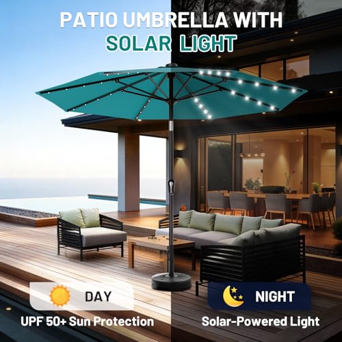 Image of AreShark 9FT Patio Umbrella with Solar Lights, 32 Lighted Pool Umbrella w /Tilt and Crank, Outdoor Market Solar Umbrellas for Garden, Deck, Backyard, Pool and Beach, Lake Blue
