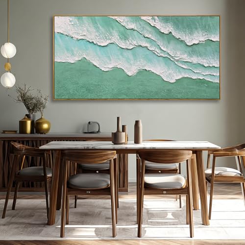 Image of Green Abstract Framed Canvas Wall Art,Modern White Wave Wall Decor,Neutral Minimalist Green And White Color Water Art Print for Living Room,Bedroom,Dining Room, Office 29 inchx58 inch