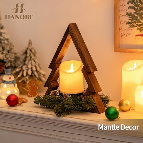 Hanobe 卓上クリスマスツリー装飾:松ぼっくりのキャンドルリング&フレームレスキャンドル付き木製ツリーフレーム - 素朴な農家クリスマステーブルセンターピースデコレーション キッチン暖炉マントルピースホームデコレーション [4]