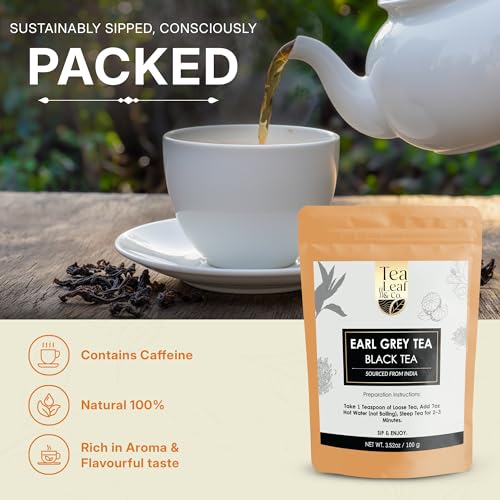 Image of Tealeaf & Co. Earl Grey Black Tea Blended with Bergamot Extract (Loose Leaf Form) - Premium Sweet & Sour Flavored Tea - Contains Low Caffeine - Upto 50 Servings (3.52oz /100gm)