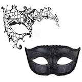 Aqearl Couple Masquerade Mask for Women Men Venetian Mask Metal Shiny Halloween Mask for Costume Party (Black Half-face Set)