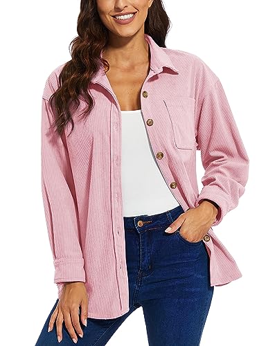 TACVASEN Womens Long Sleeve Jackets Corduroy Shacket Shirt Fashion Casual Work Jacket with Pocket for Ladies Tops Light Pink,M